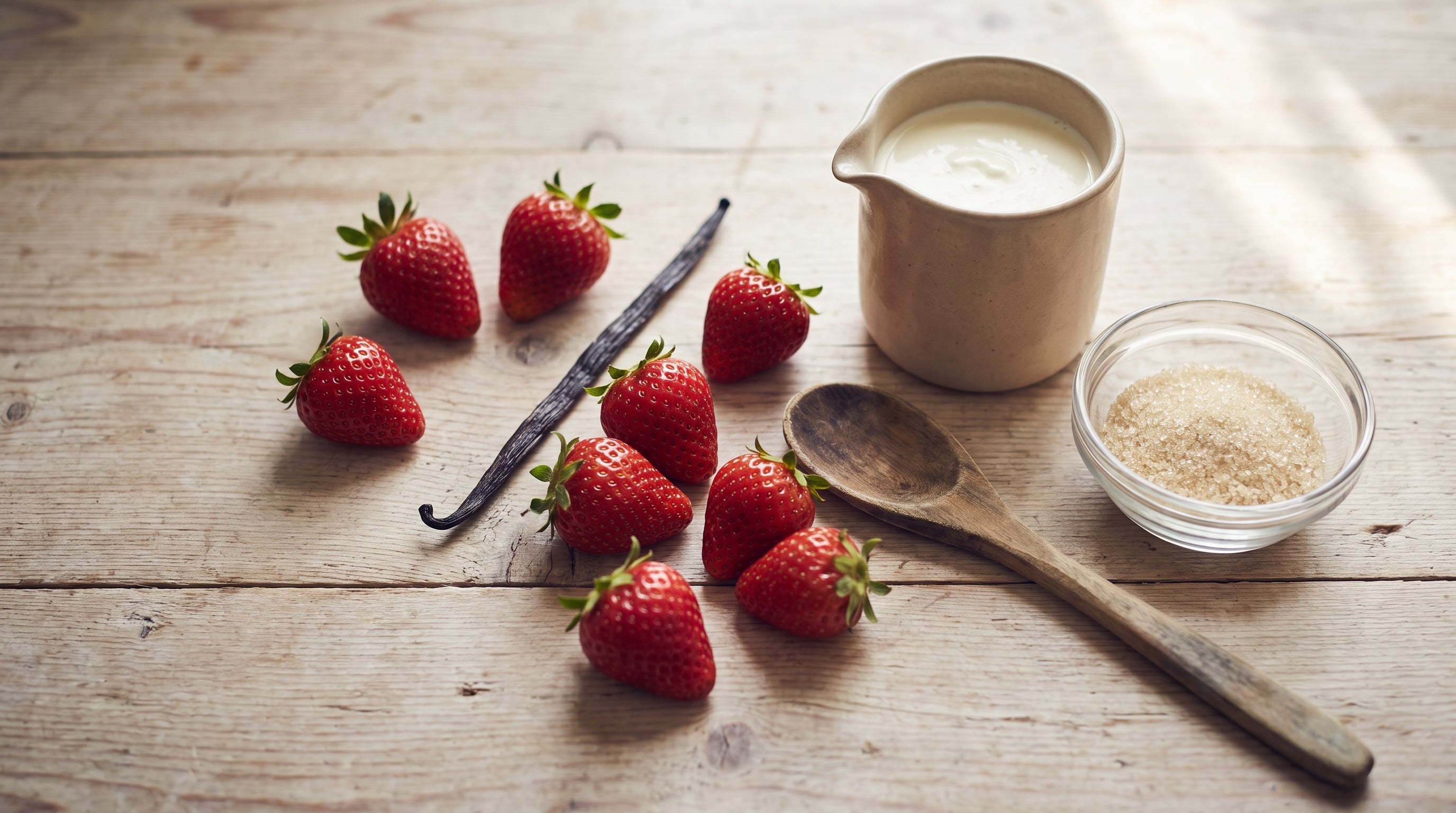 Składniki na panna cottę: śmietana, truskawki, laska wanilii i cukier na blacie