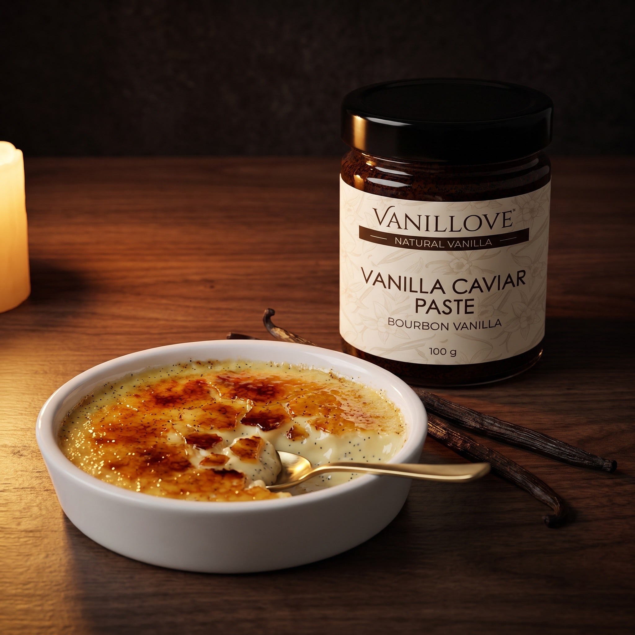 Crème brûlée z ziarenkami wanilii i pasta waniliowa z kawiorem Vanillove