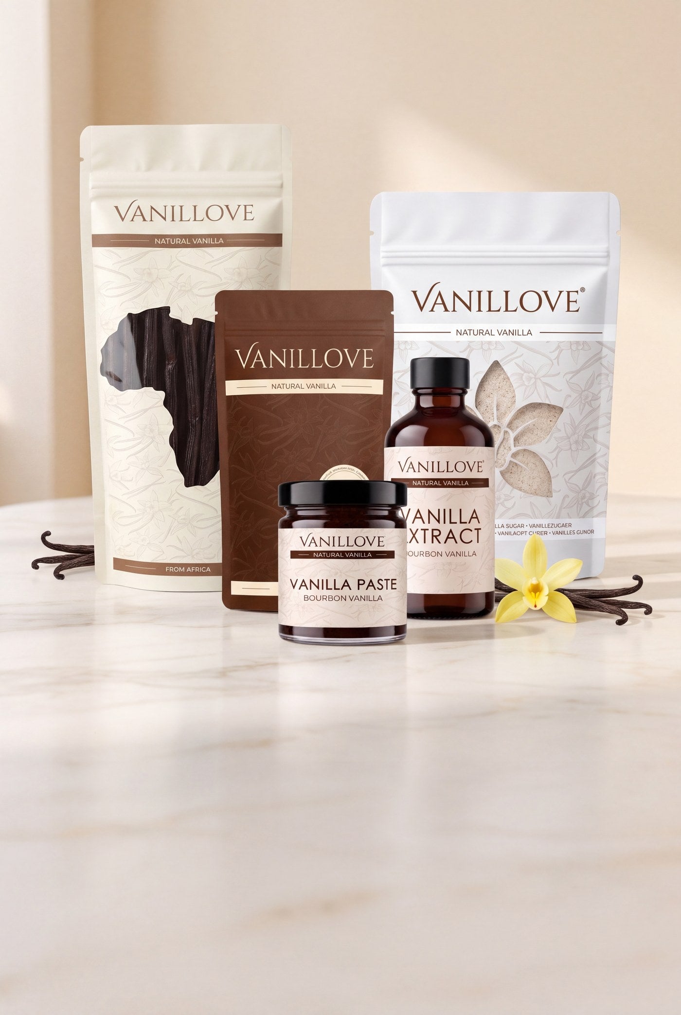 Produkty Vanillove z naturalnej wanilii: laski wanilii, wanilia mielona, cukier waniliowy, ekstrakt i pasta waniliowa